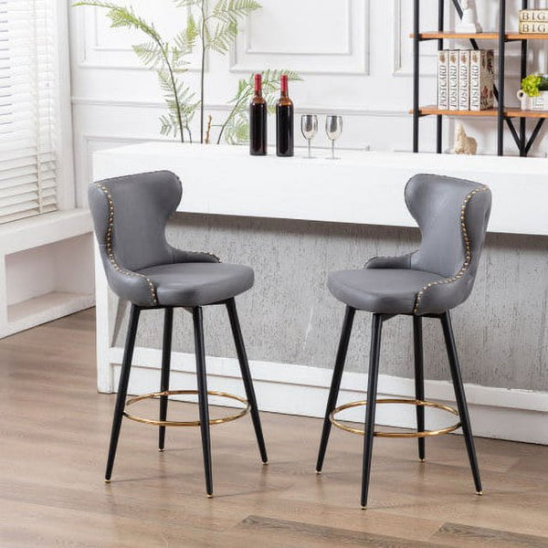 29" Modern Leathaire Fabric Bar Chairs, Modern Swivel Barstools Set of 2, 180° Swivel Bar Stool Chair for Kitchen,Tufted Gold Nailhead Trim Gold Decoration Bar Stools with Metal Legs, Dark Gray