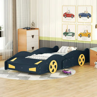Twin Size Race Car-Shaped Platform Bed for Kids, Solid Wood Platform Bed Frame with Wheels and Storage, Sturdy Car Bed with Full-Length Guardrails for Kids Boys and Girls, Space Saving Design, Blue