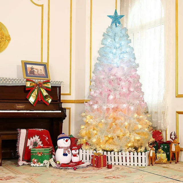 6ft Pre-lit Artificial Christmas Tree with 3 Colors LED Lights, Snow Flocked Full Prelighted Xmas Tree with 300 LED Lights and 600 Bendable Branches, Decorated Christmas Tree Holiday Home Decoration