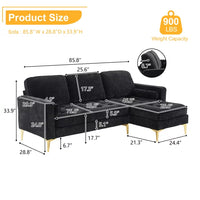 Modular Sectional Sofa with Chaise Lounge, 85" L-Shape Sectional Couch with 2 Pillows and Golden Tripod Legs, Chenille 3-Seater Sofa for Living Room, Apartment, Black