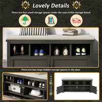 Storage Bench, Rustic Style 2-Door Storage Bench with 4 Small Storage Spaces and Linen Upholstered Top Cushion, Wood Storage Bench for Entryway, Foyer or a Mudroom, Dark Gray & Beige