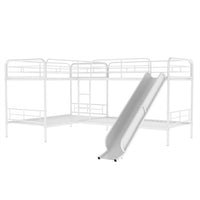 Modern Twin Size L-Shaped Bunk Bed for 4, Quad Metal Bunk Beds with Slide and Short Ladder for Kids and Teens Girls Boys, 4 Beds in 1 Loft Bed for Bedroom Dorm Guest Room, White