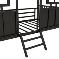 Twin Size House Loft Beds, Metal Loft Bed Frame with Roof and Two Front Windows, Playhouse Loft Bed with Fence Railings Cabin Beds for Girls Boys Teens, No Box Spring Needed-Black