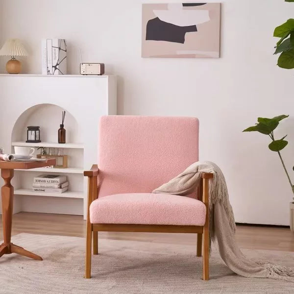 Modern Accent Chair, Teddy Velvet Armchair, Upholstered Mid Century Lounge Chair with Removable Padded Cushion and Wood Frame, Comfy Reading Chair for Living Room/Bedroom, Pink