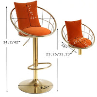 Swivel Bar Chair Set of 2 with Toss Pillow and Seat Cushion, 2 Piece Velvet Adjustable Bar Stool with Gold Base and Footrest, Kitchen Island Stools with Curved Back, Suitable for Dinning room, Orange