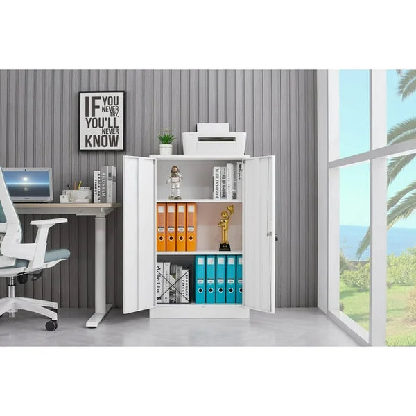 Metal Storage Cabinet, Storage Cabinet with Locking Doors and 2 Adjustable Shelves, Folding Filing Storage Cabinet, Freestanding Storage Locker Cabinet for Home Office,School,Garage, White