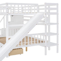 Full Over Full Bunk Bed Castle Style, Wooden Bunk Bed Frame with Stairs, Slide, Storage Drawers and Shelves, Stairway Bunk Beds for Children, Boys, Girls, Adults, White