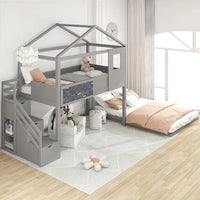 L-Shaped Bunk Beds with Stairs, Twin over Full Floor House Bunk Bed with Full-Length Guardrail & Roof & Blackboard Wood, Space-Saving Loft Bed for Kids Girls Boys, No Box Spring Needed, Gray