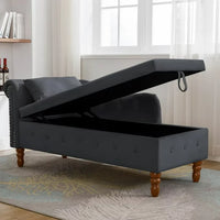 Velvet Upholstered Chaise Lounge, Indoor Lounge Chair with Storage & Pillow, Modern Rolled Arm Chase Lounge with Nailhead Trim, for Living Room, Bedroom, Office, Black