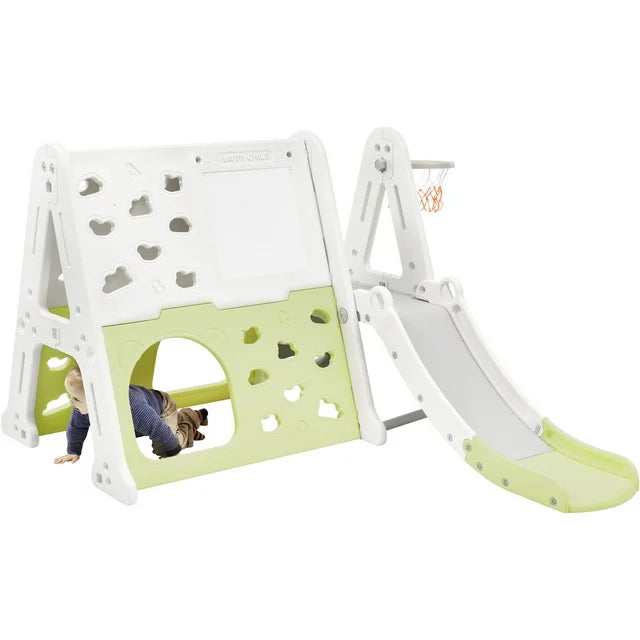 7 in 1 Toddler Climber and Slide Set Indoor Outdoor Backyard Kids Playground Climber Slide Playset with Tunnel, Climber, Whiteboard, Building Block Baseplates and Basketball Hoop for Babies, Green