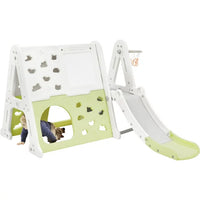 7 in 1 Toddler Climber and Slide Set Indoor Outdoor Backyard Kids Playground Climber Slide Playset with Tunnel, Climber, Whiteboard, Building Block Baseplates and Basketball Hoop for Babies, Green