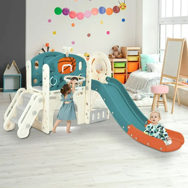 7 in 1 Toddler Slide Set with Arch Tunnel and Freestanding Castle,Kids Climber Slide Playset with Basketball Hoop,Children's Slide,Outdoor Indoor Playground,Blue