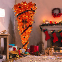 7.5ft Upside Down Artificial Christmas Tree, Orange Halloween Tree with 1200 Lush Branch Tips and 300 LED Lights, Faux-Pine Christmas Tree Inverted Christmas Tree for Xmas Holiday Home Decorations