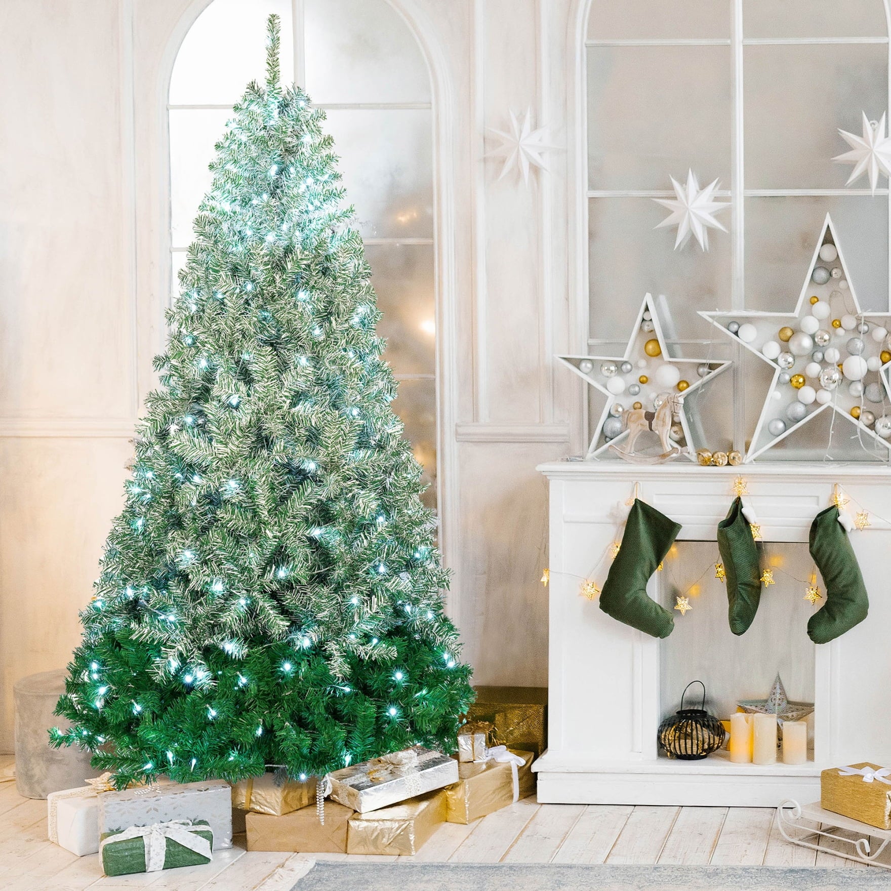 7.6 ft Pre-Lit Artificial Christmas Tree w/ 1200 PVC Branch, 300 cool white LED lights with Gradient PVC Foliage Design, Easy Set Up Metal Hinge& Foldable Base, Xmas Tree for Home Party, Green