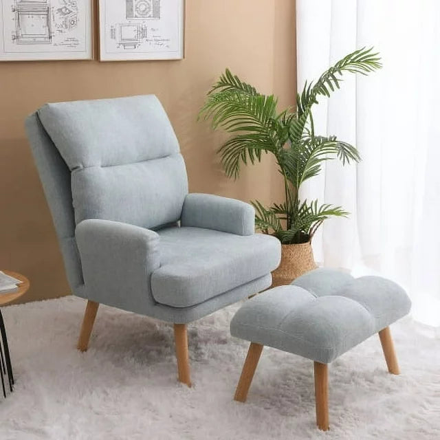 Accent Chair with Ottoman Set, Modern Fabric Upholstered Armchair with Wooden Legs and Adjustable Backrest, Comfy Lounge Chair Single Sofa Chair for Living Room, Bedroom, Reading Room, Blue
