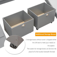 Low Loft Bed with Slide and Two Storage Boxes, Chalkboard, Wood Twin Size Loft Bed with Climbing Frame and Rope (Gray, Loft Bed)