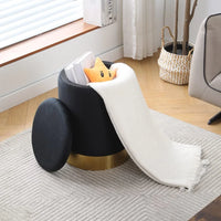 Round Storage Ottoman with Metal Base, Modern Barrel Storage Chair, Multipurpose Footrest Stool with Storage, Velvet Upholstered Vanity Stool Chair for Living Room & Bedroom, Dark Gray