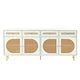 Boho Style TV Stand with Rattan Door for TVs up to 65", Woven Console Table with Adjustable Shelves and 4 Drawers, Storage Cabinet with Gold Metal Legs, Storage Sideboard Cabinet for Living Room,White