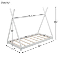 Twin Size House Bed Tent Bed for Kids Toddlers and Teens, Montessori Wood Floor Bed Frame with Sturdy Slats Support and Canopy Rack, Playhouse Design, No Box Spring Needed, White