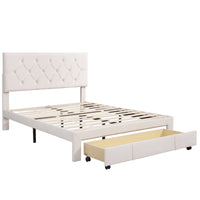 JINS&VICO Full Size Storage Bed Frame with a Big Drawer, Velvet Upholstered Full Platform Bed with Button Tufted Headboard, Plywood Slats Support No Box Spring Needed, Easy Assembly, Beige