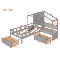 Kids Twin Size House Bed with Upholstered Bench, Wood House Bed with Shelves and Drawers, Playhouse Platform Bed Frame with Charging Station and Sparkling Light for Boys Girls Teens, Gray