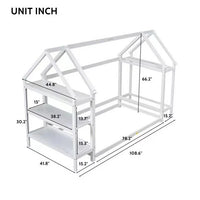 Twin Size Floor Bed for Children, Wooden Montessori Bed Frame with 2 Detachable Stands and Roof Frame, House-Shaped Bed Low Tent Bed for Girls Boys and Teens, White