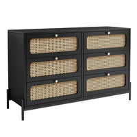 Rattan 6 Drawer Dresser, Modern Wood Dresser for Bedroom with Wide Drawers and Metal Handles and Legs, Storage Chest of Drawers for Bedroom Living Room Hallway Entryway, Black
