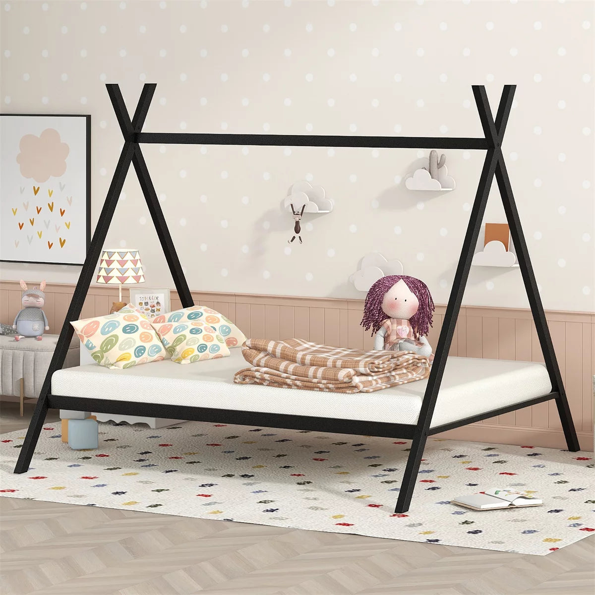 Full Size House Teepee Bed Frame, Metal Floor Play House Bed with Slats, Montessori Bed, No Box Spring Needed, Noise Free, for Boys and Girls, Black