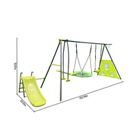6 In 1 Outdoor Swing Set,Swing Set with Saucer Swing,Belt Swing Seat,Slide,Basketball Hoop and Football Net,Metal Plastic Safe Swing Set for Outdoor Playground Backyard,Green