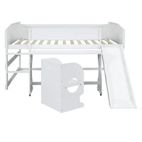 Full Size Loft Bed with Slide for Kids,Solid Wood Loft Bed Frame with Rolling Portable Desk and Chair,Multifunctional Low Loft Bed for Boys and Girls,White