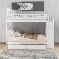 Full over Full Bunk Bed with Two Drawers and Storage, Multifunction Wood Bunk Bed with Staircase, Storage Shelves and Safety Guardrail, No Box Spring Needed, White