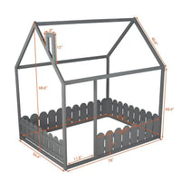 Full Size House Bed for Kids Boys Girls, Wood Floor Bed Frame with Roof and Fence, Box Spring Needed, Gray 78''L x 56.4''W x 68.6''H