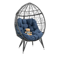 Oversized Rattan Wicker Egg Chair, Patio Egg Basket Chair with Soft Cushion, Teardrop Cuddle Seat & Sturdy Steel Frame, for Living Room, Backyard, Balcony, Patio,Navy Blue