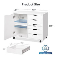 5-Drawer Wood Dresser Chest with Door, Mobile Storage Cabinet, Printer Stand for Home Office, White