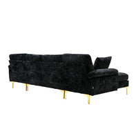 Convertible L-Shaped Sectional Sofa with Movable Ottoman, Upholstered Accent Sofa with 2 Pillows and Golden Metal Legs, Modular Sectional Couch Sets for Living Room Office Apartment, Black