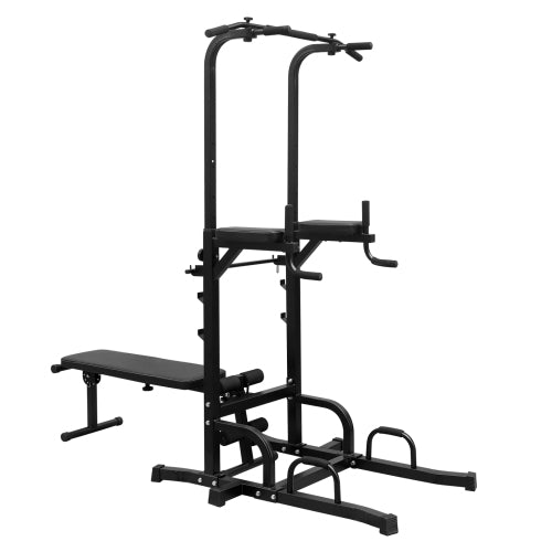 Power Tower Dip Station with Bench,Height Adjustable Pull Up Bar Stand with Folding Weight Bench,Heavy Duty Multi-Function Fitness Workout Equipment for Home Office Gym