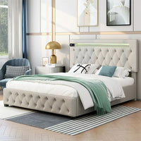 Upholstered Platform Bed,Queen Size Lift Up Storage Bed Frame with Adjustable Headboard,Featured with Bluetooth Audio,LED Light and USB Charging for Bedroom,No Box Spring Needed,Easy Assembly,Beige