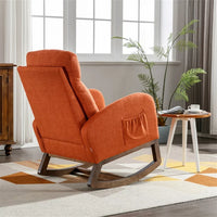 Modern Rocking Chair Nursery Upholstered Glider Chair with Side Pocket, Comfortable Rocking Accent Armchair with High Back and Rubber Wood Legs for Living Room Bedroom Reading Room Lounge, Orange