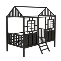 Twin Size House Loft Beds, Metal Loft Bed Frame with Roof and Two Front Windows, Playhouse Loft Bed with Fence Railings Cabin Beds for Girls Boys Teens, No Box Spring Needed-Black