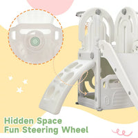 5 in 1 Toddler Slide and Swing Set, Kids Playground Climber Slide Playset with Basketball Hoop and Bus Steering Play Freestanding Combination, Indoor & Outdoor Toys for Kids Teens Boys Girls, Gray