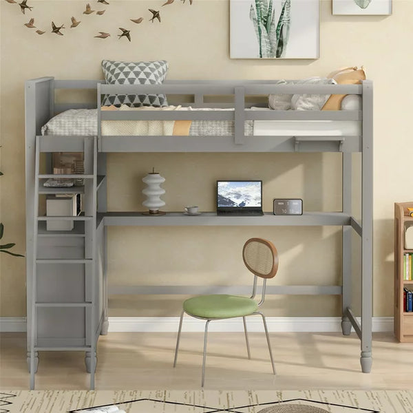 Twin size Loft Bed with Desk and Storage Cabinet, Wooden Loft Bed with Shelves and Drawers for Kids Teens Adults, No Box Spring Needed, Gray 80.7"L x 56.2"W x 69.4"H