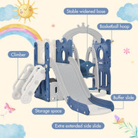 5-in-1 Toddler Slide and Swing Set, Indoor Outdoor Slide Climber Bus Playset with Basketball Hoop Freestanding Combination, Kids Playground Climber Slide Playset, Outdoor Playground Slide, Blue+Gray