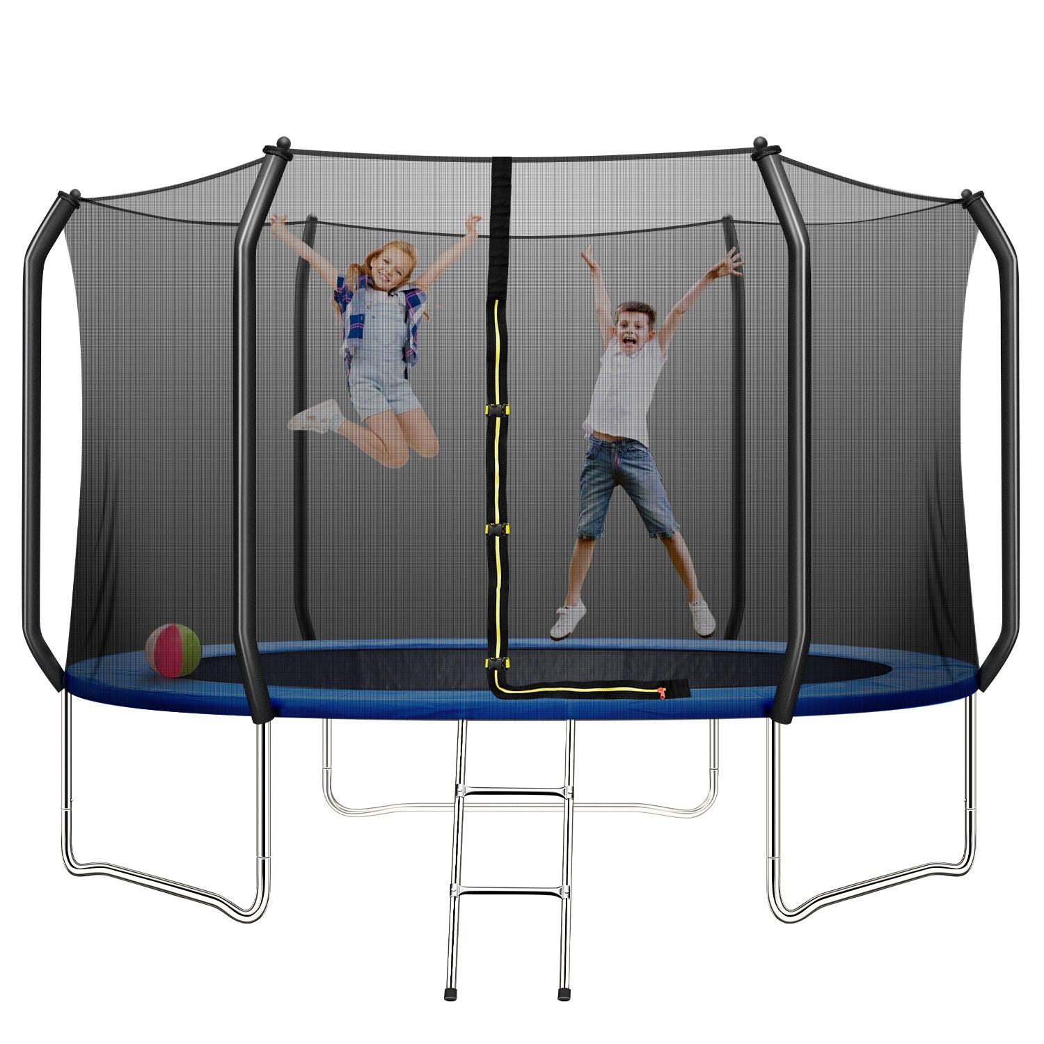 JINS&VICO 10FT Trampoline for Kids/Adult with 6FT Enclosure Net, 661LBS Capacity 3-4 Kids, High Waterproof Mat and Inclined Ladder, Outdooe/Indoor Park Kindergarten