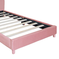 Twin Size Upholstered Toddler Bed with Bear Ear Shaped Headboard, Velvet Fabric Low Platform Bed with Wood Slat Support, Twin Size Bed for Kids, Girls, Boys, Pink