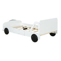 Kids Bed Frame Full Size, Car Bed for Boys Girls with Decorative Wheels and Guardrail, Wooden Platform Bed Frame, 400LBS Weight Capacity, White