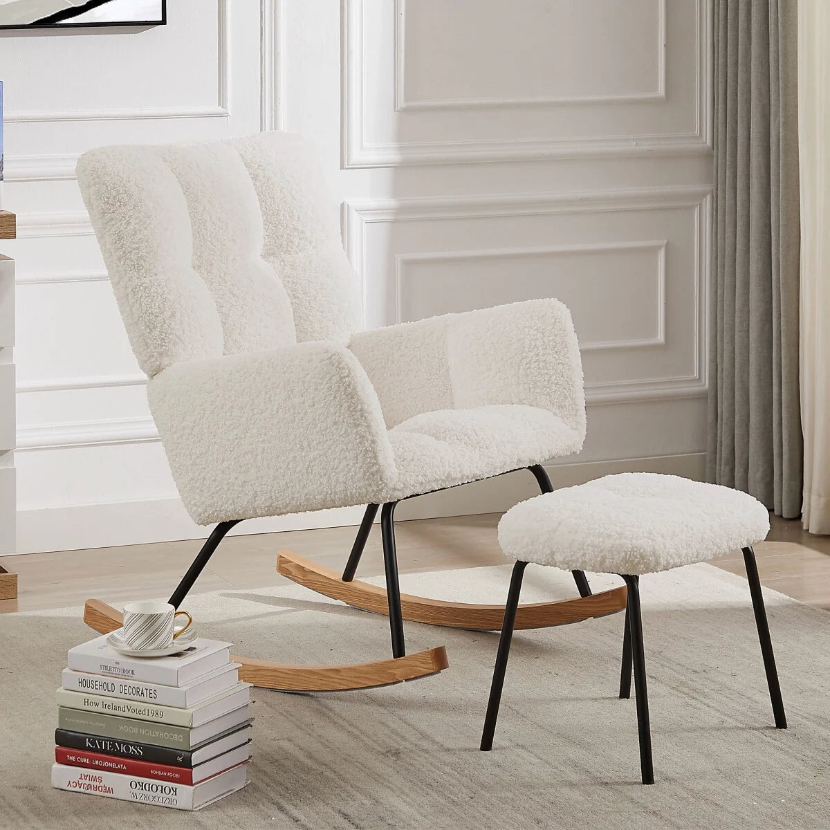Nursery Rocking Chair with Ottoman for Mom and Baby, Upholstered Rocker Glider Chair with High Backrest, Boucle Fabric Armchair Leisure Sofa Chair for Bedroom Living Room Office, Beige