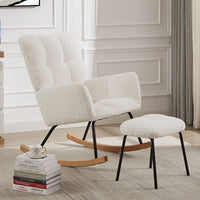Nursery Rocking Chair with Ottoman for Mom and Baby, Upholstered Rocker Glider Chair with High Backrest, Boucle Fabric Armchair Leisure Sofa Chair for Bedroom Living Room Office, Beige