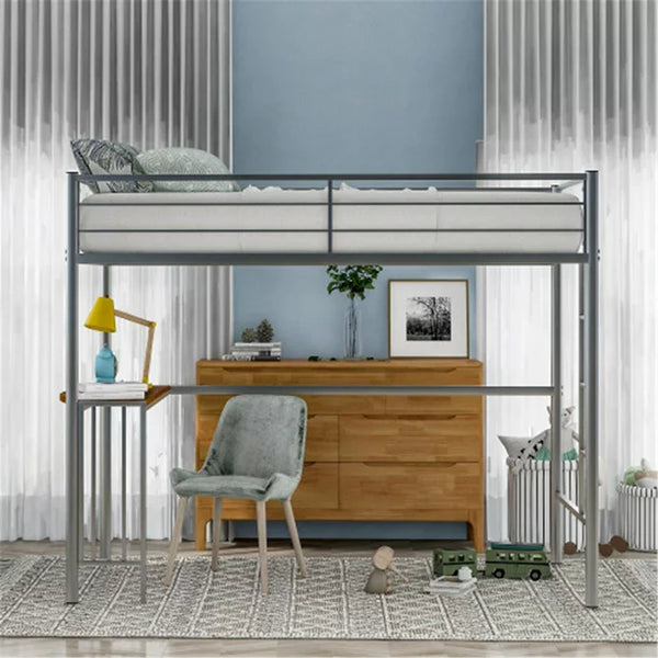 Twin Metal Loft Bed Frame with Desk, Loft Bed with Built-in Ladder and Full-length Guardrail, Space Saving Design, Silver