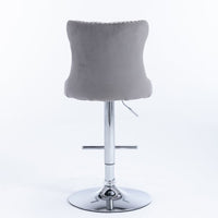 Swivel Bar Stools Set of 2, Adjustable Counter Height Barstools with Wing Back, Nailheads Trim and Sliver Footrest, Velvet Button Tufted Upholstered Bar Chairs for Dining Room Kitchen Island, Gray