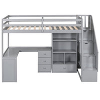Twin Loft Bed with L-Shaped Desk, Solid Wood Bed Frame with Storage Staircase, Bookshelves and Drawers, Modern Stairway Bed with Safety Guardrails for Kids Boys Girls Bedroom, Gray